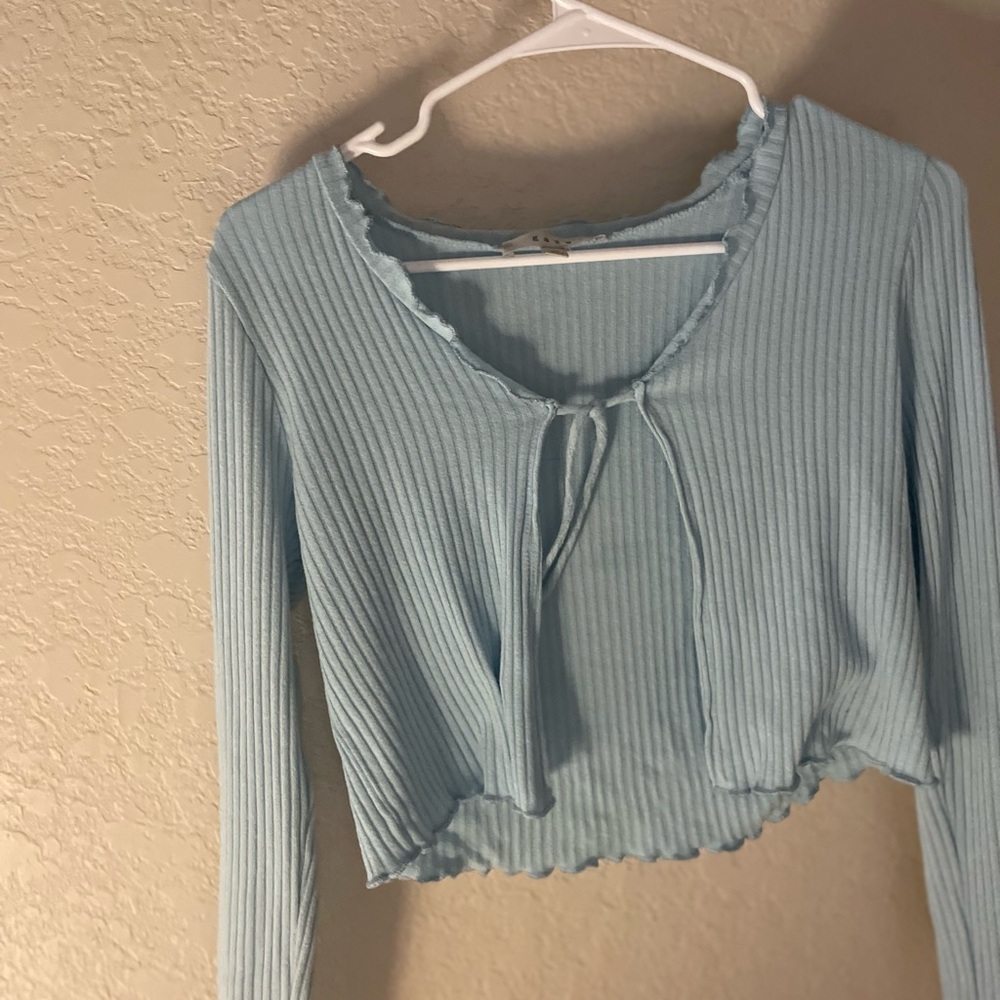 Green Ribbed Crop Blouse with Tie Front